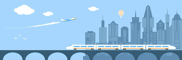 Поезд проезжает через город. Железнодорожный мост
