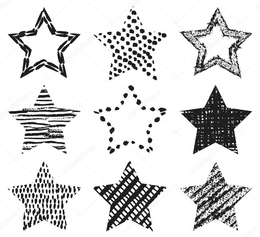 Set of hand-drawn textures star shapes. Vector illustration for stellar cool design. Frame for Insignia. Black star isolated on white background.