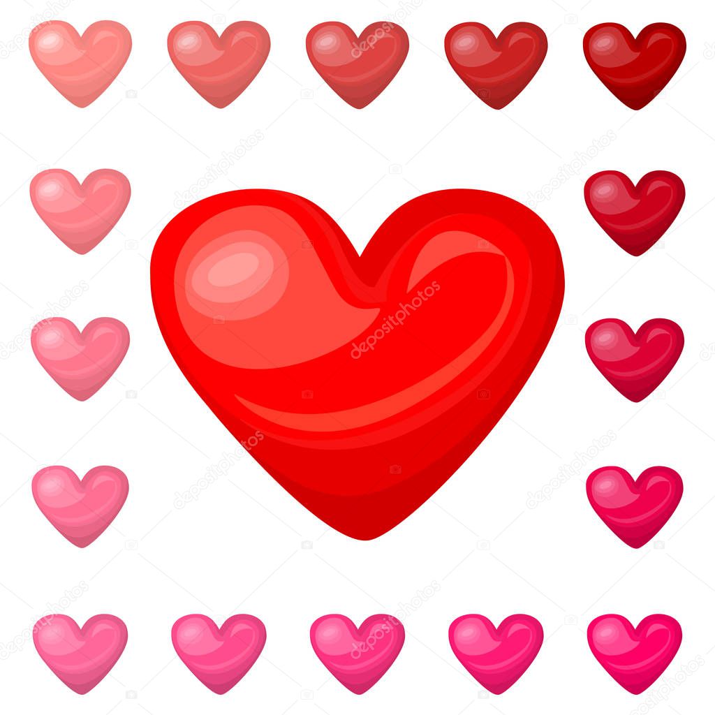 Cute shiny red pink heart icons set isolated on white background Stock