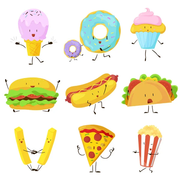 Funny fast food icons set. Vector illustration — Stock Vector
