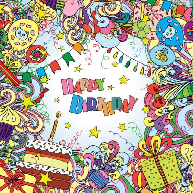 Kutlama elemanları ile arka plan üzerinde doğum günü doodle tebrik kartı.