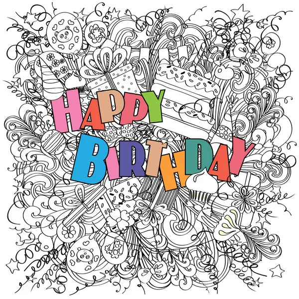 Feliz aniversário doodle cartão de saudação no fundo branco com elementos de celebração . — Fotografia de Stock