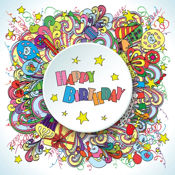 Feliz cumpleaños doodle tarjeta de felicitación en el fondo con elementos de celebración . —  Fotos de Stock