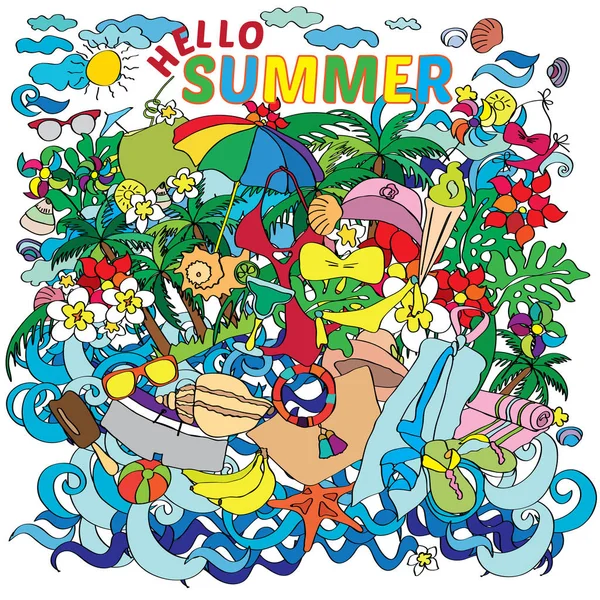 Schriftzug hallo Sommer mit dekorativen Elementen auf Weiß — Stockfoto