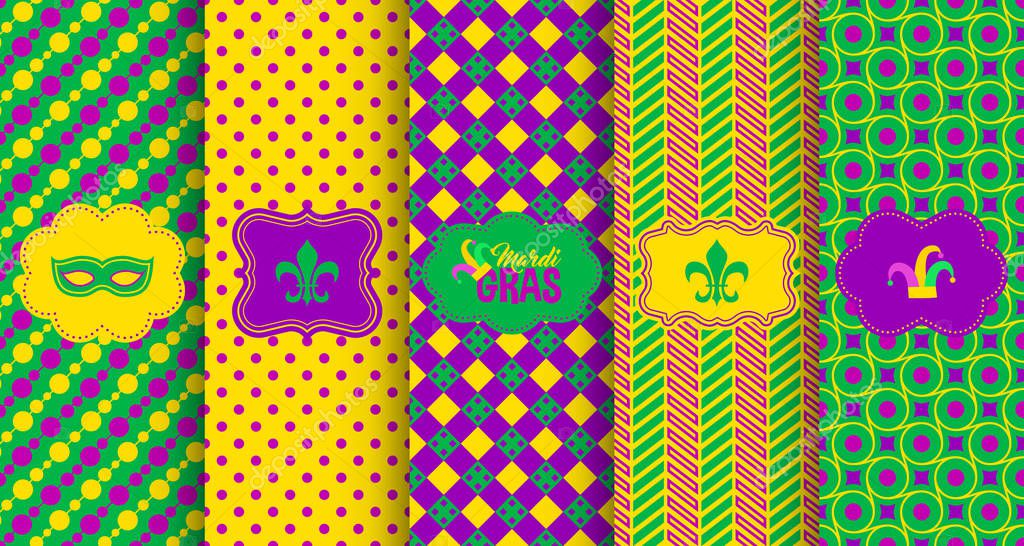 Bright abstract mardi gras pattern set. Vector illustration for holiday design. Carnival festival colorful bead backdrop, border, frame. Light yellow, green, purple color.