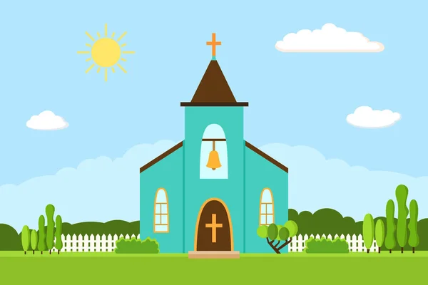 Icono de iglesia. Paisaje plano verano . — Vector de stock