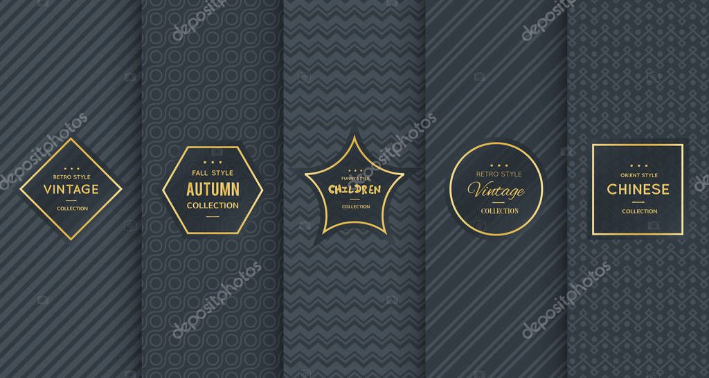 Golden vintage pattern on black background. Vector illustration for retro design. Gold abstract frame. Label set. Elegant luxury foil