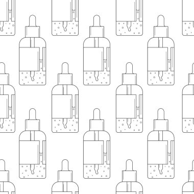 Kozmetik ürünlerle kusursuz desen. Siyah ve beyaz çizgi simgeleri. Krem, temel, serum, tonik, losyon ikonu. Web ve mobil için vektör illüstrasyonu, eps10.