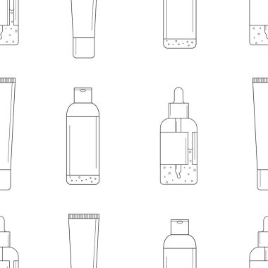 Kozmetik ürünlerle kusursuz desen. Siyah ve beyaz çizgi simgeleri. Krem, temel, serum, tonik, losyon ikonu. Web ve mobil için vektör illüstrasyonu, eps10.