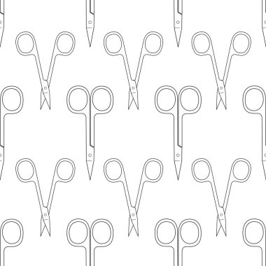 Manikür ve pedikür için makas deseni. Vektör dokusu. İnce çizgi sembolü. Pankart, broşür, poster veya baskı, web siteleri, web tasarımı, beyaz arkaplan üzerindeki mobil uygulama için tasarım.