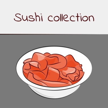 Suşi koleksiyonu. Zencefil turşusu. Felçli çok renkli bir sanat. Vektör.