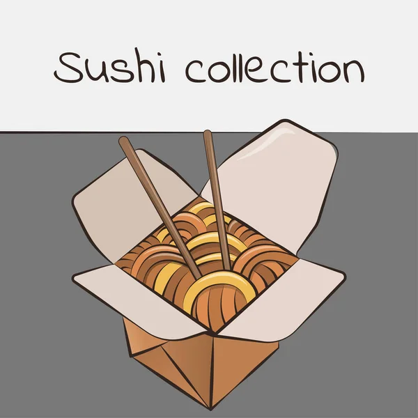 Sushi-Sammlung. Wok, Porzellanschachtel, Nudeln in Schachtel. Bunte Kunst mit einem Streich. Vektor. — Stockvektor