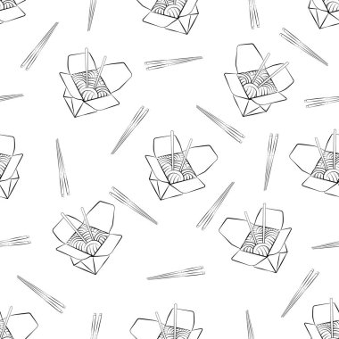 Tava ve çubukların kusursuz izole edilmiş vektör dokusu. Doğrusal, minimalist arka plan. Çin kutusu, erişte, erişte, Çin çubuğu..