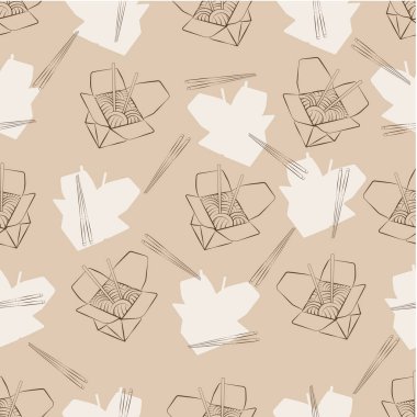 Tava ve çubukların kusursuz izole edilmiş vektör dokusu. Doğrusal, minimalist arka plan. Çin kutusu, erişte, erişte, Çin çubuğu..
