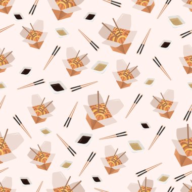 Tava ve çubukların kusursuz izole edilmiş vektör dokusu. Modern düz tarzda parlak, güzel bir arka plan. Çin kutusu, erişte, erişte, Çin çubuğu..
