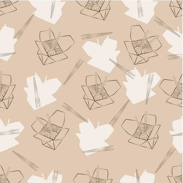 Tava ve çubukların kusursuz izole edilmiş vektör dokusu. Doğrusal, minimalist arka plan. Çin kutusu, erişte, erişte, Çin çubuğu..
