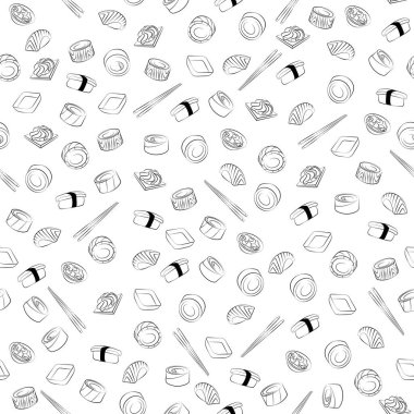 Nigiri 'nin kusursuz vektör izole dokusu, soslar, suşi. Doğrusal, minimalist arka plan. Avokado ve somonlu suşi, rulo pembe, yeşil, sarı, wasabi, zencefil, tava, çubuk, Çin eriştesi..