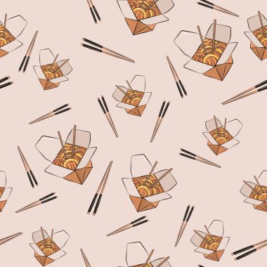 Tava ve çubukların kusursuz izole edilmiş vektör dokusu. Modern düz tarzda parlak, güzel bir arka plan. Çin kutusu, erişte, erişte, Çin çubuğu..