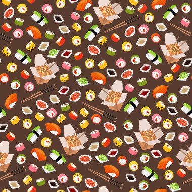 Nigiri 'nin kusursuz vektör izole dokusu, soslar, suşi. Modern düz tarzda parlak, güzel bir arka plan. Avokado ve somonlu suşi, rulo pembe, yeşil, sarı, wasabi, zencefil, wok, çubuk.
