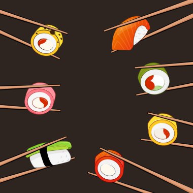 Yemek çubuklarıyla tutulan nigiri rulolarının izole edilmiş vektör çizimi. Modern düz tarzda parlak, güzel bir afiş. Avokado ve somonlu suşi. Çubuklarda yuvarlanıyor. Metin için yeri olan pankart.