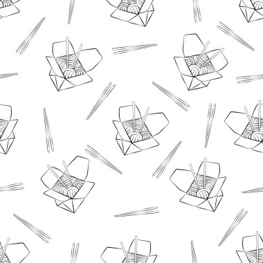 Tava ve çubukların kusursuz izole edilmiş vektör dokusu. Doğrusal, minimalist arka plan. Çin kutusu, erişte, erişte, Çin çubuğu..