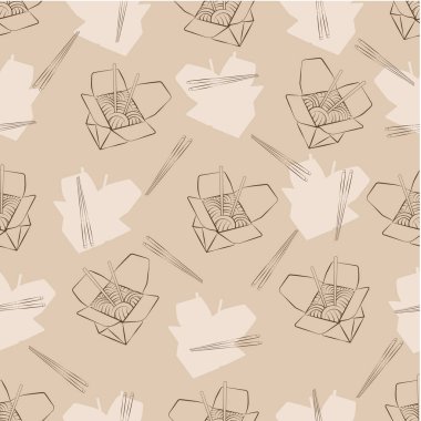 Tava ve çubukların kusursuz izole edilmiş vektör dokusu. Doğrusal, minimalist arka plan. Çin kutusu, erişte, erişte, Çin çubuğu..