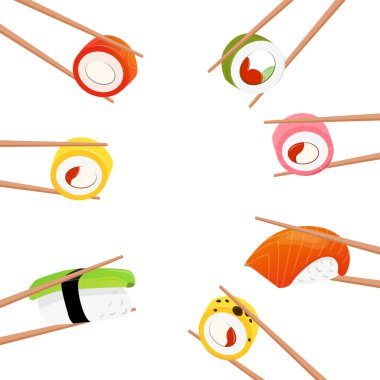 Yemek çubuklarıyla tutulan nigiri rulolarının izole edilmiş vektör çizimi. Modern düz tarzda parlak, güzel bir afiş. Avokado ve somonlu suşi. Çubuklarda yuvarlanıyor. Metin için yeri olan pankart.