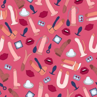 Seks oyuncakları, bir seks dükkanından alınmış eşyalar. Yetişkinler için düz stil oyuncaklar. Çok renkli vektörsüz desen.