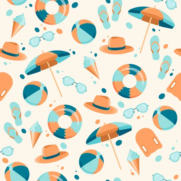 Seamless summer vector pattern. Beautiful background with beach accessories and a bouncy ball and a circle. — Stock Vector