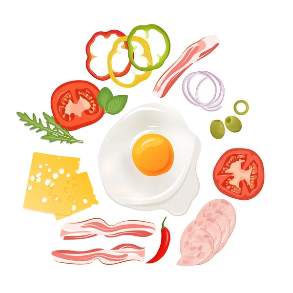 Conjunto vetorial de produtos de pequeno-almoço. Queijo, tomate, pimenta, bacon, azeitonas, presunto, ovos fritos. Isolado de fundo . — Vetor de Stock