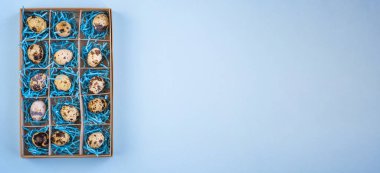 Mavi arka planda karton bir kutuda paskalya yumurtaları. Bir tebrik kartı için boş pankart. Yaratıcı Paskalya geçmişi. Boşluğu kopyala