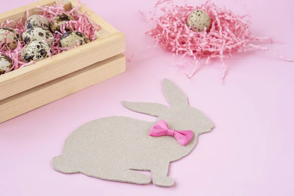 Easter Eggs Wooden Box Nests Easter Bunny Pink Bow Easter — Stock Photo, Image