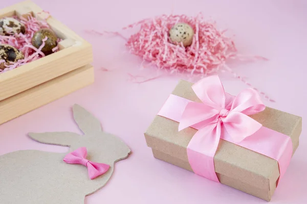 Easter Eggs Wooden Box Nests Easter Bunny Pink Bow Easter — Stock Photo, Image