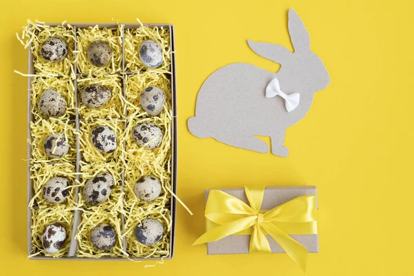 Easter Eggs Paper Box Easter Bunny Bow Easter Gift Yellow — Stock Photo, Image