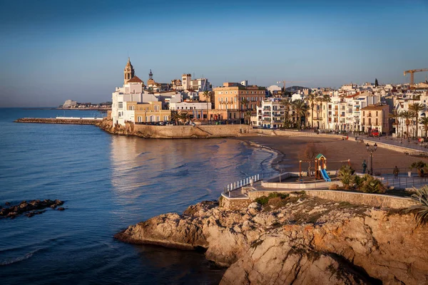 Sitges Egy Város Közelében Barcelona Catalunya Spanyolország Híres Strandjairól Éjszakai — Stock Fotó