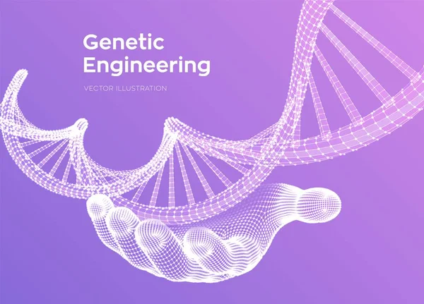 Sequência de ADN na mão. Wireframe DNA moléculas estrutura malha. Modelo editável de código de DNA. Conceito de Ciência e Tecnologia. Ilustração vetorial . —  Vetores de Stock