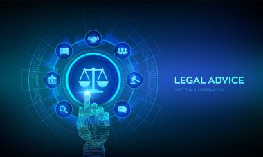 Çalışma hukuku, avukat, hukuk avukatı, sanal ekranda hukuki danışmanlık kavramı. İnternet hukuku ve siber hukuk dijital yasal hizmetler ya da online avukat tavsiyesi olarak. Robot el dijital arayüze dokunuyor. Vektör