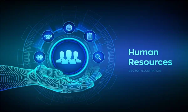 Recursos Humanos. Símbolo de recursos humanos en mano robótica. Gestión de recursos humanos, contratación, empleo, concepto de negocio headhunting. Red social humana y liderazgo. Ilustración vectorial . — Vector de stock