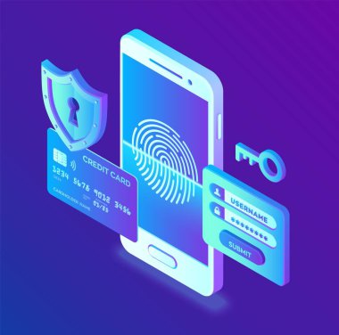 Cep telefonu ödemeleri. Veri koruma kavramı. Kişisel veri koruması. Kredi kartı kontrolü ve yazılım erişim verileri gizlidir. 3D izometrik düz tasarım. Vektör illüstrasyonu.