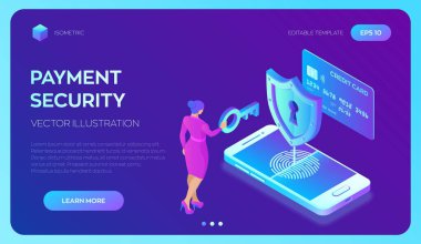 Güvenli ödemeler. Veri koruma kavramı. Kişisel veri koruması. Kredi kartı kontrolü ve yazılım erişim verileri gizlidir. Kullanıcı kadın karakteri. 3D izometrik düz tasarım. Vektör illüstrasyonu.