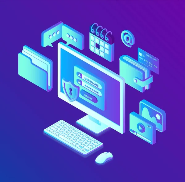 Protection des données. Ordinateur de bureau avec formulaire d'autorisation à l'écran, protection des données personnelles. Système d'authentification, accès aux données, formulaire de connexion sur écran d'ordinateur portable. Conception isométrique 3d. Illustration vectorielle . — Image vectorielle