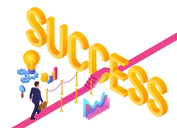 Road to success. Business Strategy Concept. Businessman with briefcase in hand walking on red carpet to the success. Strategy and solutions for business leadership. Creative Idea. Vector Illustration. — Stock Vector