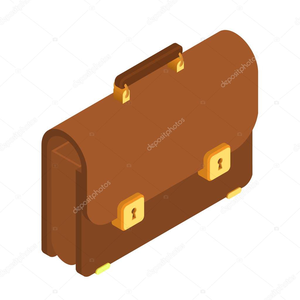 Briefcase. 3d Isometric Briefcase icon. Brown briefcase with golden lock. Briefcase male brown. Business portfolio illustration, office suitcase. Vector illustration.