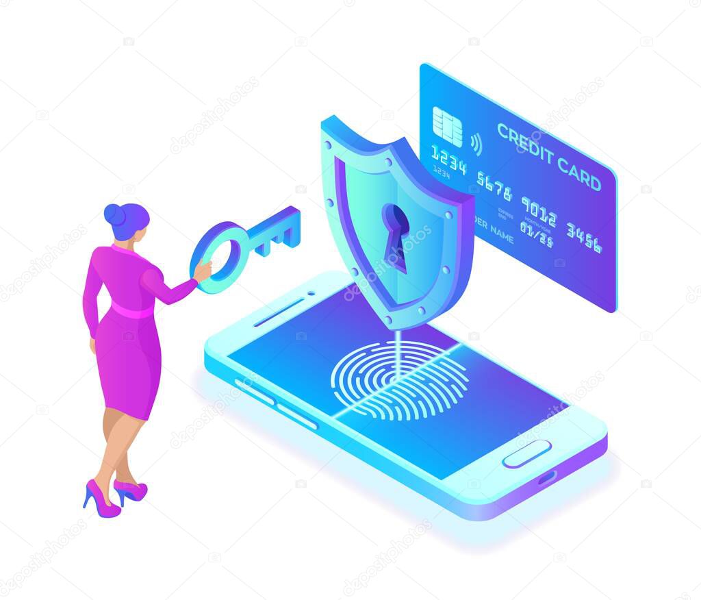 Secure payments. Data protection concept. Personal data protection. Credit card check and software access data as confidential. User woman character. 3d isometric flat design. Vector illustration.