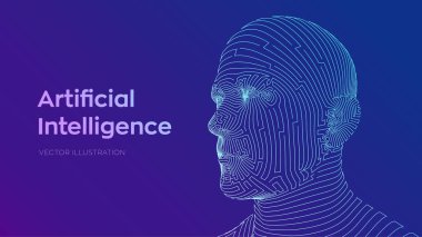 Al. Yapay zeka konsepti. Ai dijital beyin. Soyut dijital insan yüzü. Robot dijital bilgisayar yorumlamasında insan kafası. Robot konsepti. Kablo çerçeveli kafa konsepti. Vektör illüstrasyonu.