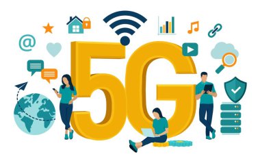 5g Ağ İnternet Mobil teknoloji konsepti. 5g kablosuz sistemler ve nesnelerin interneti. Yüksek hızlı mobil internet. Modern dijital cihazları kullanma. Simgeler ve karakterler içeren vektör çizimi.