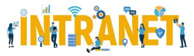 Intranet. Küresel Ağ Bağlantı Teknolojisi. Intranet Business Kurumsal iletişim doküman yönetim sistemi dms. İş takımı. Karakterler ve simgeler ile vektör çizimi.