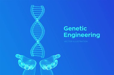 Elinde DNA dizisi var. Tel kafes DNA molekülleri yapı mesh. DNA kodu düzenlenebilir şablonu. Bilim ve teknoloji konsepti. Vektör Illustration.