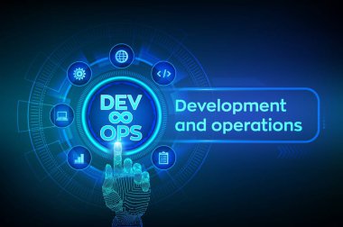 Devops, ne kadar iyi. Sanal ekranda çevik geliştirme ve optimizasyon konsepti. Yazılım mühendisliği. Yazılım geliştirme uygulamaları metodolojisi. Robotik el dijital arayüze dokunuyor. Vektör çizimi.