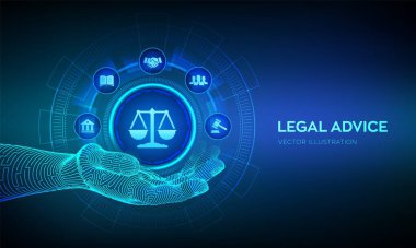 Çalışma hukuku, avukat, hukuk avukatı, sanal ekranda hukuki danışmanlık kavramı. İnternet ve siber hukuk dijital yasal hizmetler ya da online avukat tavsiyesi olarak. Robot eliyle kanun işareti. Vektör illüstrasyonu.